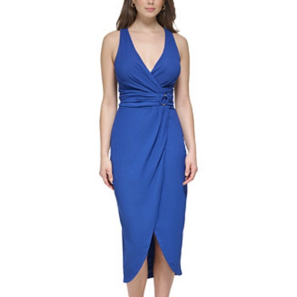 Guess Women’s Elegant Royal Blue V-Neck Sleeveless Wrap Dress